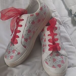 Cato White Sneakers with Pink Heart Accents and Red Ribbon Laces